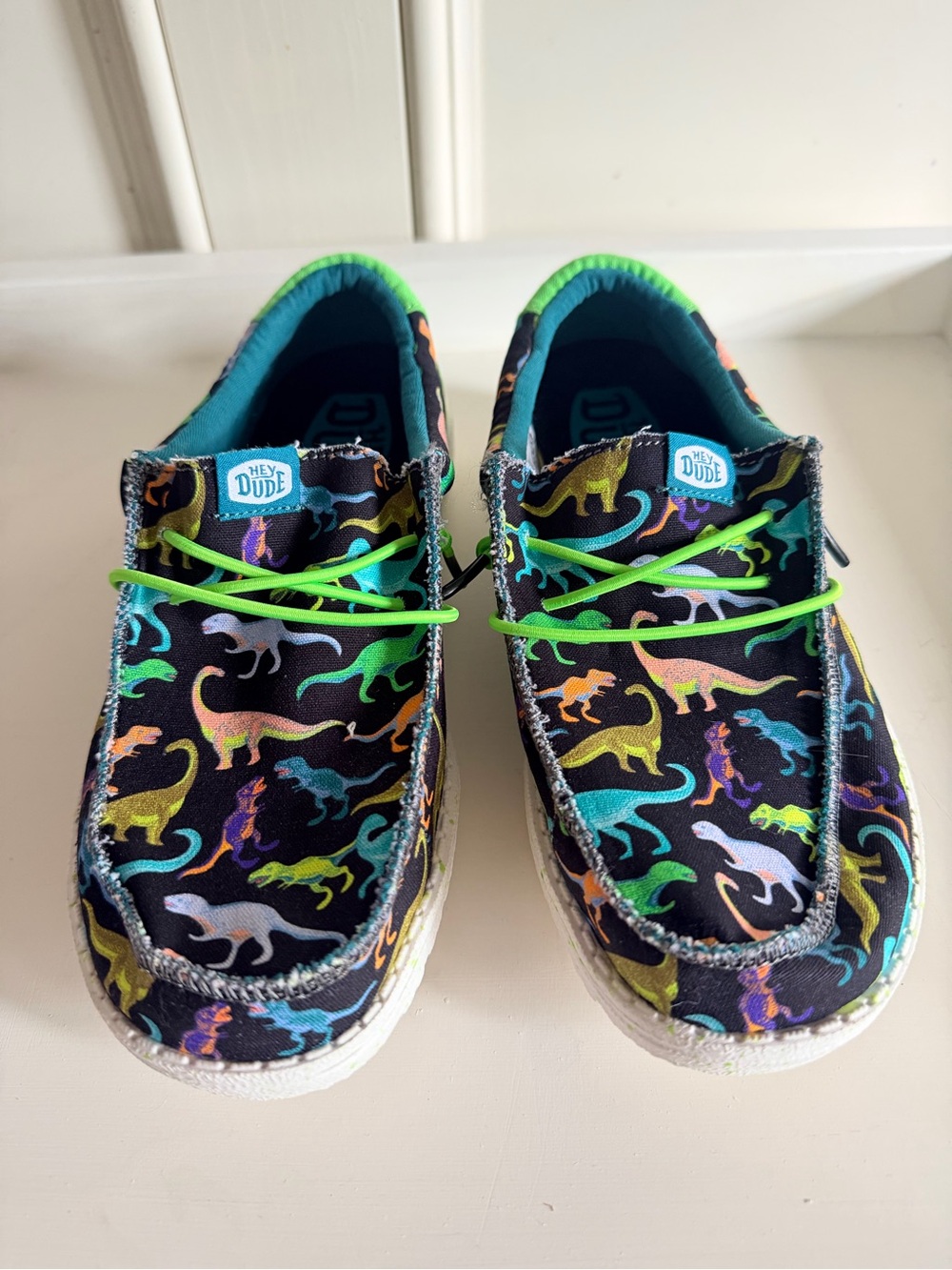Hey Dude Kids Black Dino Print Shoes with Neon Green Laces Size 4- Never Worn